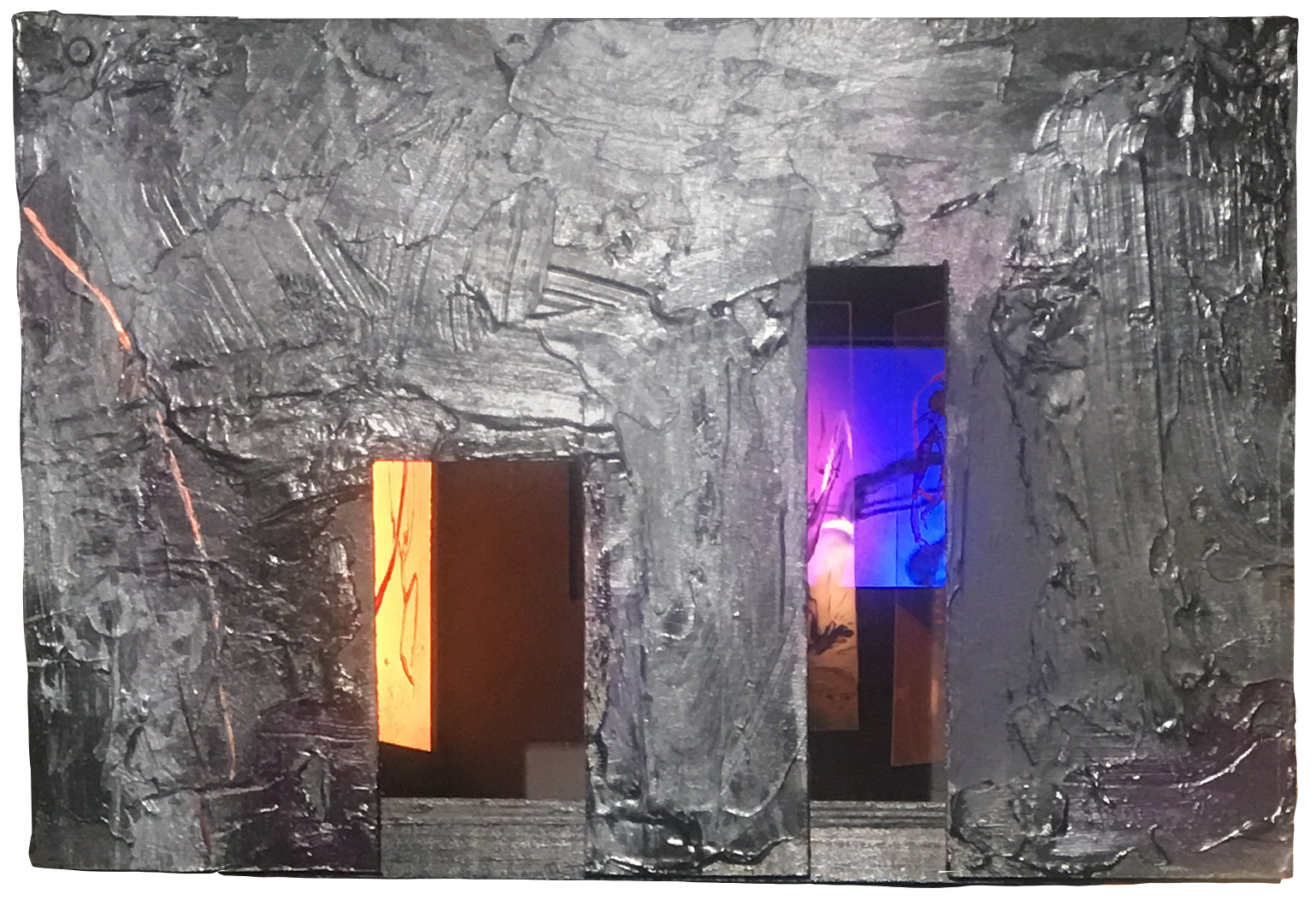 exterior front view of box under 2 ft in all dimensions with 3 openings, light, painting, transparency, video, and optional sound