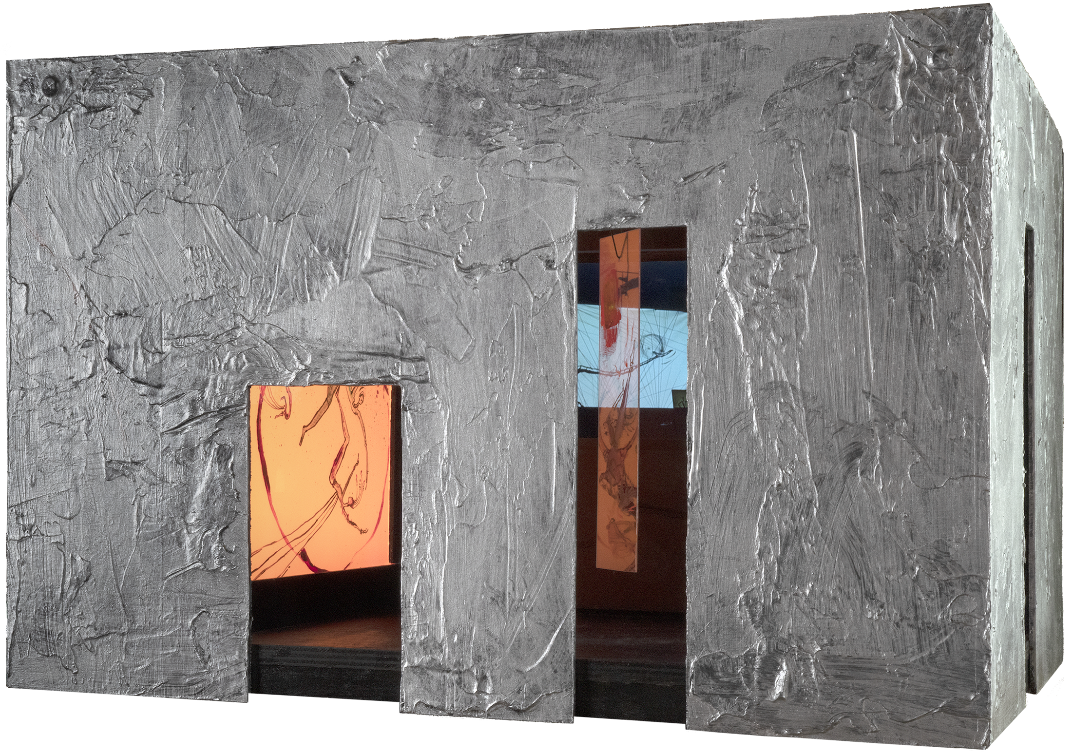 exterior front view of box under 2 ft in all dimensions with 3 openings, light, painting, transparency, video, and optional sound